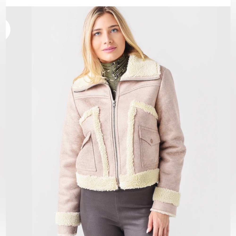 MOTHER The Patch Pocket Roamer Jacket Faux Suede Sherpa Lined Aviator Medium